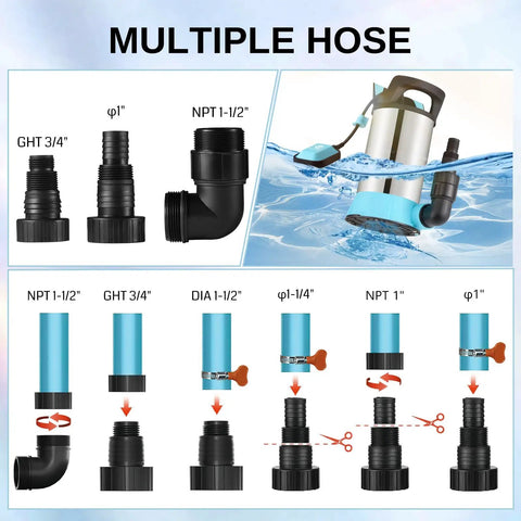 Beast High Flow Submersible Sump Pump With 33 Foot Cord 1.15HP Portable Stainless Steel Utility Pump multiple hose connections
