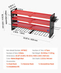 Diagram of Power Tool Organizer Wall Mount 4 Layer Storage Rack with dimensions, 8 drill holders, side pegboards, tool hooks displayed.