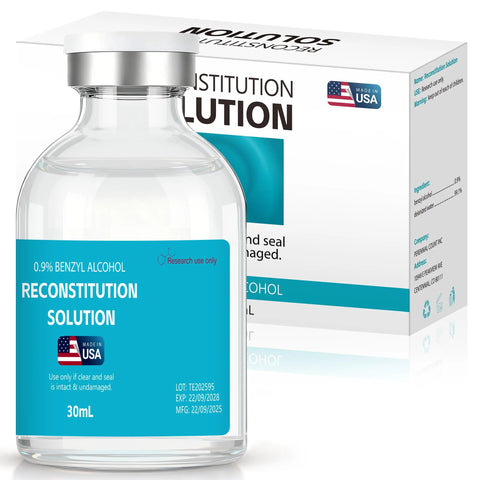 Front view of a clear glass 30 mL vial labeled Reconstitution Solution, 0.9% benzyl alcohol, USA made, research use only.