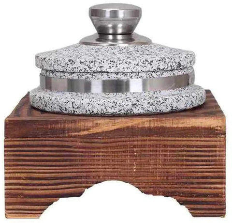 Korean Stone Pot For Bibimbap And Stews, All In One Heavy Duty Granite Clay Casserole With Wood Base showing lid and wooden trivet