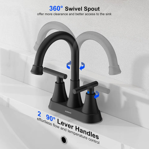 Bathroom faucet set, matte black finish, 2-handle 4-inch centerset with swivel spout for 3-hole sink