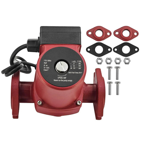 Heavy Duty Hot Water Circulator Pump Compatible With Grundfos Ups50 60F Featuring Solid Cast Iron Housing And Three Speed Motor Runs Smooth And Gets That Water Flowing Fast, showing red cast iron body and accessories.