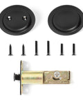 Pocket Door Latch With Round Sliding Handle Non Locking Passage For Hallway Or Closet Doors Flat Black Finish Easy To Install Fits Standard Bore At Two And Three Eighths Inch Backset Universal Fit For Interior Pocket Door Hardware
