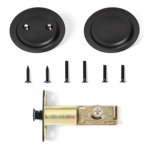 Pocket Door Latch With Round Sliding Handle Non Locking Passage For Hallway Or Closet Doors Flat Black Finish Easy To Install Fits Standard Bore At Two And Three Eighths Inch Backset Universal Fit For Interior Pocket Door Hardware