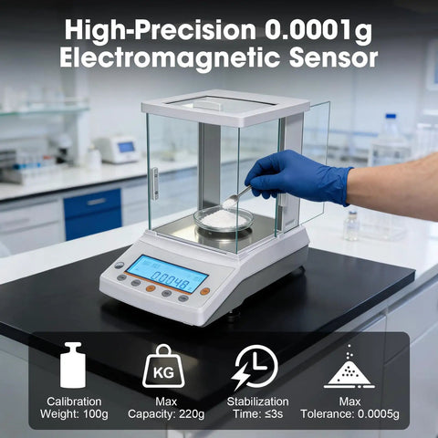 Ultra Precise Lab Workhorse 0.1 Mg Analytical Balance Digital Scale 220 G Capacity in lab display, EM sensor tech.