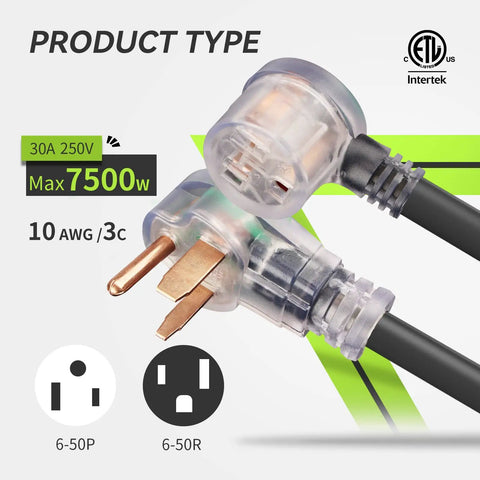 Heavy Duty 25 Foot Welder Extension Cord 250V 30A 10 AWG STW NEMA 6-50 With LED Indicator Copper Wire plug connectors