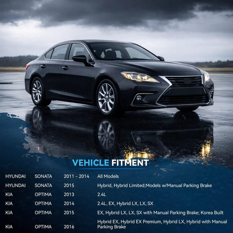 Side view of a black car with vehicle fitment chart for 2013 2016 Kia Optima and 2011 2015 Hyundai Sonata brake kit