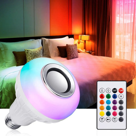 Color Changing Bluetooth LED Light Bulb With Built In Speaker Remote And App Control E26 Base White To Multicolor Lit Mood Lighting For Home Parties Bedroom And Living Room Easy Setup