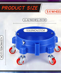Get This 5 Gallon Bucket Dolly Cart With Swivel Casters For Easy Mobility showing dimensions and blue round plastic design.