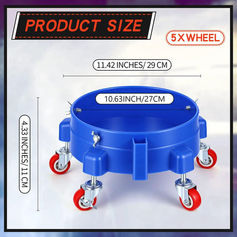 Get This 5 Gallon Bucket Dolly Cart With Swivel Casters For Easy Mobility showing dimensions and blue round plastic design.