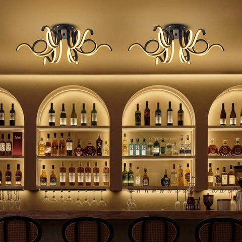 Bar setting with two Six Light Dimmable LED Ceiling Light Fixture With Octopus Geometric Design Semi Flush Mount Chandeliers