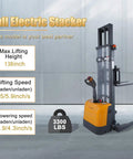 Powerful 3300 Lb Capacity Electric Pallet Stacker with Drive and Lift Features, 138 inch max lift height, designed for warehouse material handling.