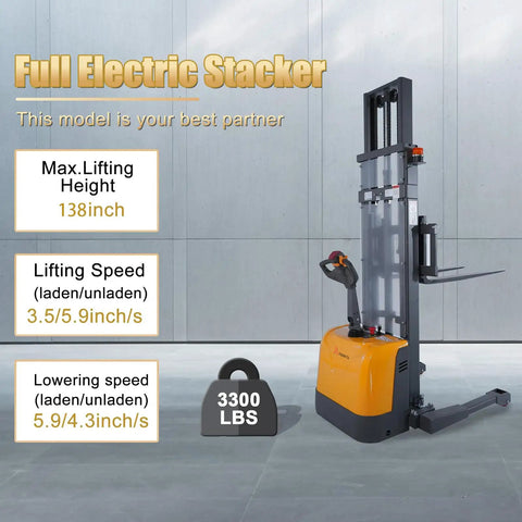 Powerful 3300 Lb Capacity Electric Pallet Stacker with Drive and Lift Features, 138 inch max lift height, designed for warehouse material handling.