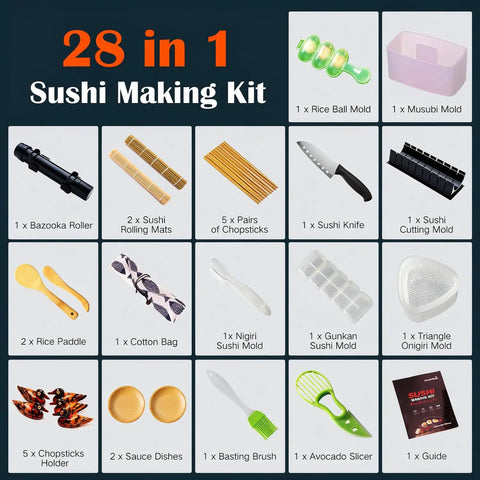 Image showing components of 28 In 1 Sushi Making Kit With Roller And Bamboo Mats Bazooka Nigiri Gunkan Molds Musubi Maker Rice Ball Mold