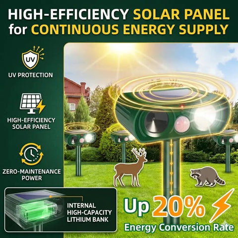 Solar Ultrasonic Animal Deterrent With Motion Detection And Flash Light Outdoor Yard Garden Critter Repeller showcasing high-efficiency solar panel and animal protection