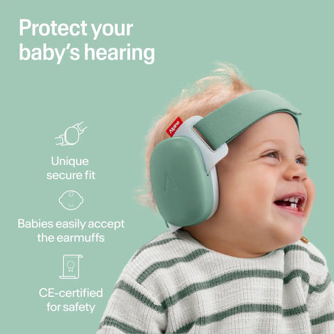 Baby wearing green Baby Ear Muffs For Hearing Protection With 24 Decibels Noise Reduction, Adjustable Headband, CE and ANSI Certified