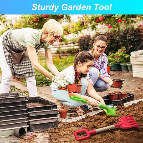 Child using 16 Inch Kids Beach Shovel Set 3 Pack With Solid Wood Handles ABS Plastic Digging Spades for gardening.