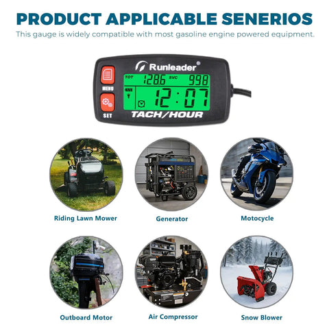 Hour Meter And RPM Tachometer With RPM Alert One Button Data Check Total Engine Hours Dual SVC And SVC2 Countdown Timers Resettable Job Timer Red Button Edition for lawn mowers and generators