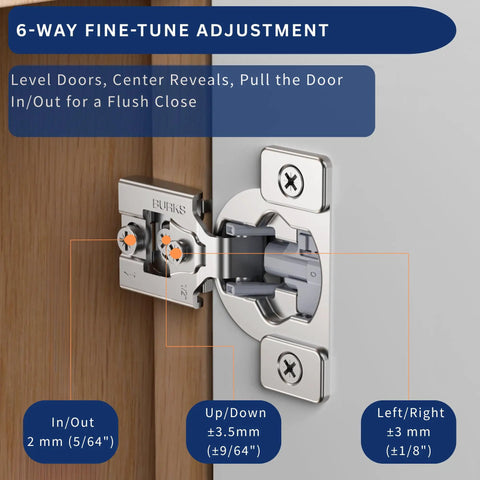 6-Way fine-tune adjustment feature of Heavy Duty Soft Close Cabinet Hinges 30 Pack for precise door alignment.