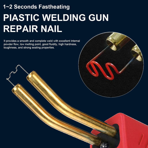 Close-up of plastic welding gun repair nail with Dual Size Wave Shape Plastic Welding Staples Set for ABS bumper repairs.