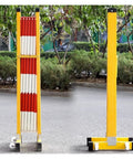 No Sweat Setup Heavy Duty Expandable Metal Barrier With Smooth Roll Wheels, Retractable Mobile Safety Gate, Tough Crowd Control Fence For Garage Jobs And Site Zone Lockdown, yellow and red barrier closed and open views.