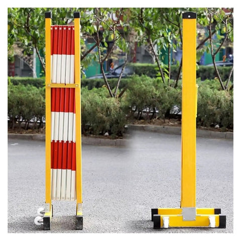 No Sweat Setup Heavy Duty Expandable Metal Barrier With Smooth Roll Wheels, Retractable Mobile Safety Gate, Tough Crowd Control Fence For Garage Jobs And Site Zone Lockdown, yellow and red barrier closed and open views.