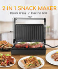 Aigostar 1000w Panini Press Sandwich Maker Non Stick Plates Quick Heat Even Cooking Crispy Grilling Appliance For Home Kitchen Party with grilled meats and sandwiches.