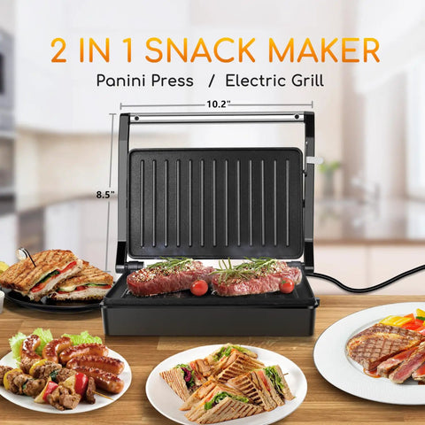 Aigostar 1000w Panini Press Sandwich Maker Non Stick Plates Quick Heat Even Cooking Crispy Grilling Appliance For Home Kitchen Party with grilled meats and sandwiches.