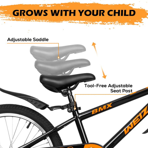20 Inch BMX Style Kid Friendly Bike For Boys And Girls Ages 4 To 12 With Adjustable Seat Training Wheels Front And Rear Fenders Safe Dual Braking System Black Bicycle