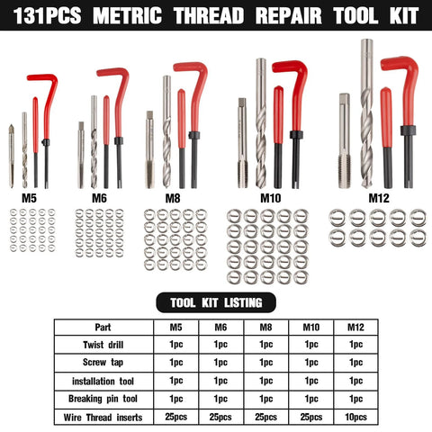 Marvelity Premium 131-Piece metric thread repair kit with HSS drills, taps, and inserts for M5–M12 automotive repair