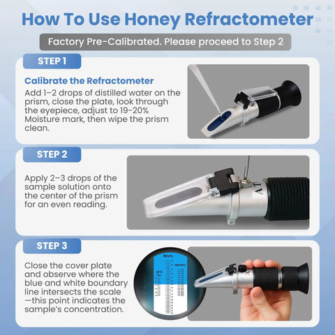 3-In-1 Honey Refractometer With ATC For Brix 58 To 90 Percent, Baume 38 To 43 Degrees, And Moisture 12 To 27 Percent, Easy To Calibrate, Go-To Beekeeping Tool For Honey, Maple Syrup, Molasses, And More. using steps