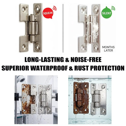 Comparison of door hinges showing squeaking vs silent after using Heavy Duty Synthetic Grease Real Deal Formula Smooth As Butter.