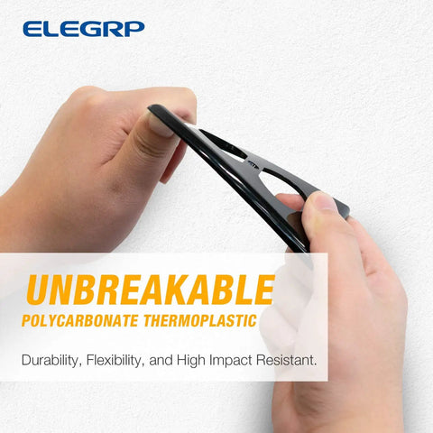 Hands bending an unbreakable polycarbonate thermoplastic wall plate, demonstrating durability and flexibility of Beefy Polycarbonate Duplex Receptacle Outlet Covers 1 Gang Wall Plates, Unbreakable Dual Outlet Faceplates, UL Listed, Glossy Black Finish, 10 Pack With Color Matched Screws, Built To Last.
