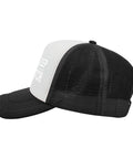 Side view of All Day Comfort Mens Breathable Golf Trucker Hat with front artwork and adjustable buckle cap for casual wear
