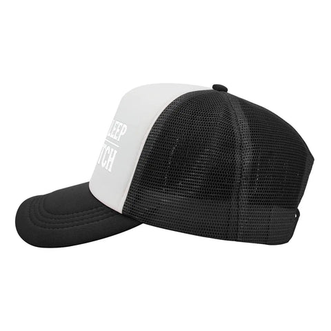 Side view of All Day Comfort Mens Breathable Golf Trucker Hat with front artwork and adjustable buckle cap for casual wear