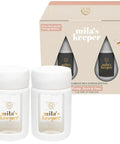 Ultra Wide Neck Glass Breast Milk Storage Bottles For Pumping And Feeding Bpa Free Silicone Caps Fit Most Pumps Aspen White Pair displayed with packaging.