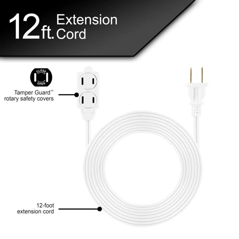 Image showing Three Outlet Indoor Extension Cord With Twelve Foot Power Strip 16 Gauge UL Listed Twist To Close Safety Covers White.