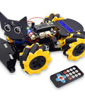 Adeept 4WD Omni-Directional Mecanum robot car kit with yellow wheels, LCD1602 display and remote