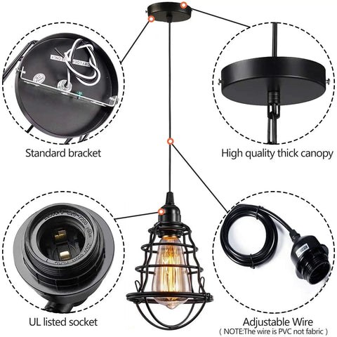Industrial Edison Pendant Light 2 Pack With Adjustable 47.2 Inch Cord And Cage Shade E26 E27 Base details and components