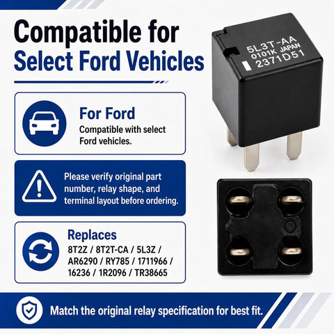 Ford Oil Pump Starting Relay 12V DC 20A, 4 Pins, Replacement Pack of 2 for 5L3T-AA, Compatible With Ford Vehicles, High Quality Automotive Relay for Reliable Engine Start and Long Lasting Performance. Black 4-pin relay with terminals