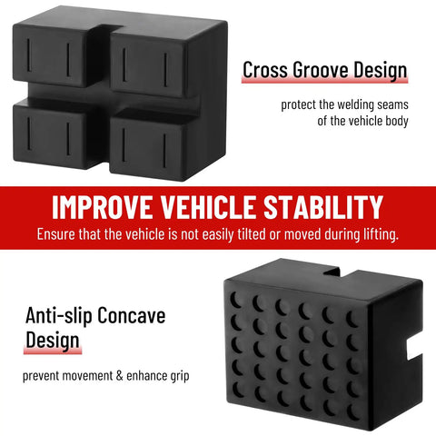Solid Rubber Pinch Weld Blocks Jumper Pads For Auto Lift Jack Stand Support High Compression Heavy Duty Car Repair 3 Ton Load Capacity Set with anti-slip design.