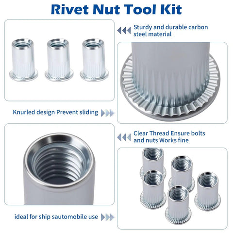 All In One Rivet Nut Tool Kit With 430 Pcs Metric Rivnuts Five Size Assortment M3 M4 M5 M6 M8 Hand Nutsert Tool Carbon Steel Rivet Nut Kit For Automotive Marine And Home Improvement showing detailed carbon steel rivnuts.