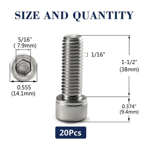 3/8-16 X 1-1/2 Inch Socket Head Cap Screws 20 Pack 304 Stainless Steel with size and dimension details shown.
