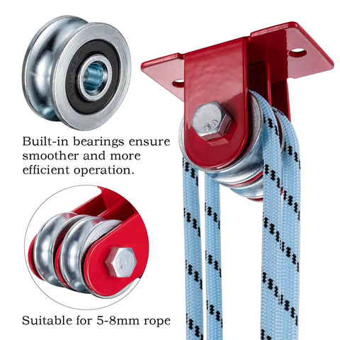 Heavy Duty Beefy Double Pulley Hoist System With 65 Feet Nylon Rope Ball Bearing Steel Pulleys Smooth Quiet Lift, 5-8mm rope