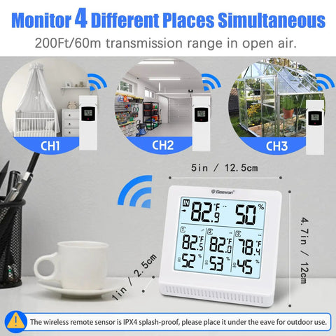 Indoor Outdoor Wireless Thermometer With 3 Remote Sensors Digital Hygrometer Temperature And Humidity Monitor With Backlit Display Quick Readings 24 Hour History Comfort Indicator Up To 200 Feet Range