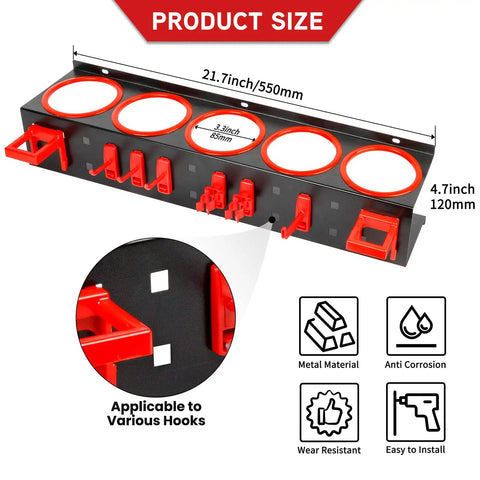 Multifunctional Spray Bottle Rack For Car Garage And Beauty Shop Displays With Durable Metal Frame And Five Plastic Hanging Hooks Holds Plastic And Squeeze Bottles Perfect For Organizing Spray Bottles In Vehicles Homes Or Shops Size 21.7 By 4.7 By 4.7 showing product size and features