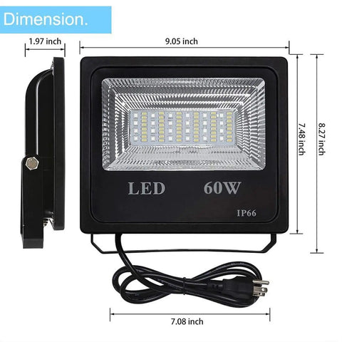 Dimensions of 2 Pack 60W RGBW LED Flood Lights with Bluetooth App Control, IP66 Waterproof Outdoor Security Lighting