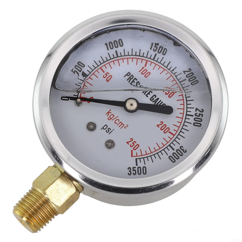Front view of Heavy Duty Industrial Stainless Steel Hydraulic Oil Pressure Gauge With Glycerin Filled For Superior Vibration Resistance And IP67 Waterproof Rating, Built For Tough Pneumatic And Plumbing Systems showing dial and NPT mount