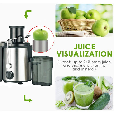 Heavy Duty Stainless Steel Juicer With Extra Wide Mouth For Smooth Extraction And No Pomace Or Pulp Leftovers Dual Speed Motor Settings For Hard Produce And Soft Citrus shown with green apples and juice container.