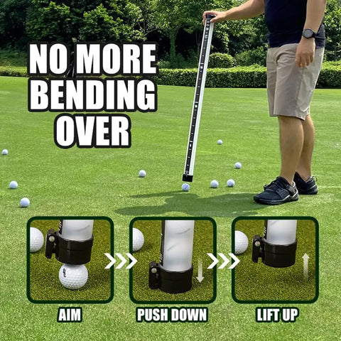 Back Saver Golf Ball Retriever With Easy Press Tube for quick grab on course, showing steps for ball pickup without bending.